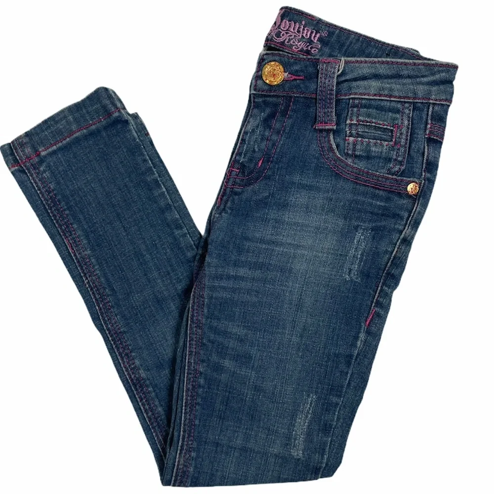Vintage Y2K Jeans Pink Embroidered Distressed Medium Wash Denim Girls Size